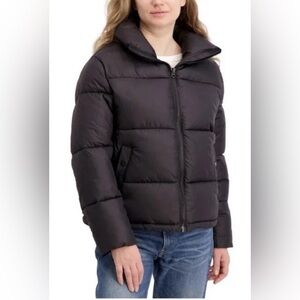Hudson Women’s Short Puffer Jacket, Black, Size XL, Stand Up Collar Snap Pockets